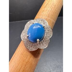 NEW Ceruleite and zircon blossom ring in rhodium over sterling silver size 8